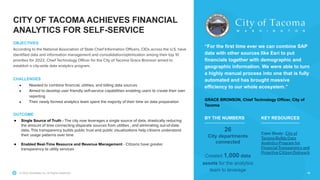 © 2022 Snowflake Inc. All Rights Reserved
OBJECTIVES
According to the National Association of State Chief Information Oﬃcers, CIOs across the U.S. have
identiﬁed data and information management and consolidation/optimization among their top 10
priorities for 2022. Chief Technology Oﬃcer for the City of Tacoma Grace Bronson aimed to
establish a city-wide data analytics program.
CHALLENGES
● Needed to combine ﬁnancial, utilities, and billing data sources
● Aimed to develop user friendly self-service capabilities enabling users to create their own
reporting
● Their newly formed analytics team spent the majority of their time on data preparation
OUTCOME
● Single Source of Truth - The city now leverages a single source of data, drastically reducing
the amount of time connecting disparate sources from utilities , and eliminating out-of-date
data. This transparency builds public trust and public visualizations help citizens understand
their usage patterns over time
● Enabled Real-Time Resource and Revenue Management - Citizens have greater
transparency to utility services
48
“For the first time ever we can combine SAP
data with other sources like Esri to put
financials together with demographic and
geographic information. We were able to turn
a highly manual process into one that is fully
automated and has brought massive
efficiency to our whole ecosystem.”
GRACE BRONSON, Chief Technology Officer, City of
Tacoma
26
City departments
connected
Created 1,000 data
assets for the analytics
team to leverage
BY THE NUMBERS
Case Study: City of
Tacoma Builds Data
Analytics Program for
Financial Transparency and
Proactive Citizen Outreach
KEY RESOURCES
CITY OF TACOMA ACHIEVES FINANCIAL
ANALYTICS FOR SELF-SERVICE
 