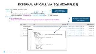 © 2021 Snowflake Inc. All Rights Reserved
© 2021 Snowflake Inc. All Rights Reserved
EXTERNAL API CALL VIA SQL (EXAMPLE 2)
Fuel price data of multiple
gas stations
v
Insert Statement
calling external API
 
