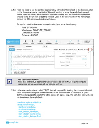 3.1.3 First, we need to set the context appropriately within the Worksheet. In the top right, click
on the drop-down arrow next to the “Context” section to show the worksheet context
menu. Here we control what elements the user can see and run from each worksheet.
We are using the UI here to set the context. Later in the lab we will set the worksheet
context via SQL commands in the worksheet.
As needed use the downward arrows to select and show the showing:
Role: SYSADMIN
Warehouse: COMPUTE_WH (XL)
Database: CITIBIKE
Schema = PUBLIC
DDL operations are free!
Note that all the DDL operations we have done so far do NOT require compute
resources, so we can create all our objects for free.
3.1.4 Let’s now create a table called TRIPS that will be used for loading the comma-delimited
data. We will be using the Worksheets tab in the Snowflake UI to run the DDL (data
definition language) to create the table. Based on a prior step, the SQL text below should
be showing on the worksheet.
create or replace table trips
(tripduration integer,
starttime timestamp,
stoptime timestamp,
start_station_id integer,
start_station_name string,
start_station_latitude float,
Page 14
 