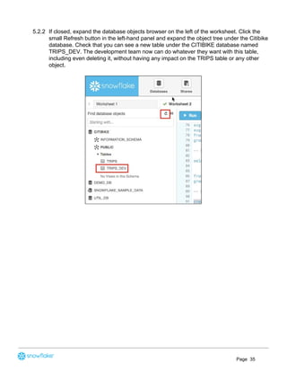 5.2.2 If closed, expand the database objects browser on the left of the worksheet. Click the
small Refresh button in the left-hand panel and expand the object tree under the Citibike
database. Check that you can see a new table under the CITIBIKE database named
TRIPS_DEV. The development team now can do whatever they want with this table,
including even deleting it, without having any impact on the TRIPS table or any other
object.
Page 35
 