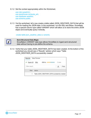 6.1.2 Set the context appropriately within the Worksheet.
use role sysadmin;
use warehouse compute_wh;
use database weather;
use schema public;
6.1.3 Via the worksheet, let’s now create a table called JSON_WEATHER_DATA that will be
used for loading the JSON data. In the worksheet, run the SQL text below. Snowflake
has a special column type called VARIANT which will allow us to store the entire JSON
object and eventually query it directly.
create table json_weather_data (v variant);
Semi-Structured Data Magic
Snowflake’s VARIANT data type allows​ ​Snowflake to ingest semi-structured
data without having to pre-define the schema.
6.1.4 Verify that your table JSON_WEATHER_DATA has been created. At the bottom of the
worksheet you should see a “Results” section which says “Table
JSON_WEATHER_DATA successfully created”
Page 37
 