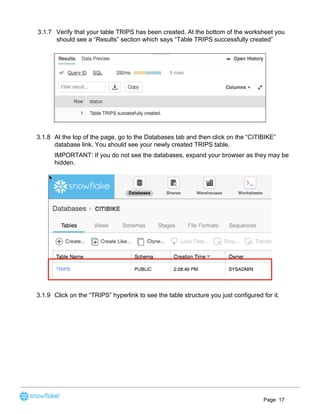 3.1.7 Verify that your table TRIPS has been created. At the bottom of the worksheet you
should see a “Results” section which says “Table TRIPS successfully created”
3.1.8 At the top of the page, go to the Databases tab and then click on the “CITIBIKE”
database link. You should see your newly created TRIPS table.
IMPORTANT: If you do not see the databases, expand your browser as they may be
hidden.
3.1.9 Click on the “TRIPS” hyperlink to see the table structure you just configured for it.
Page 17
 