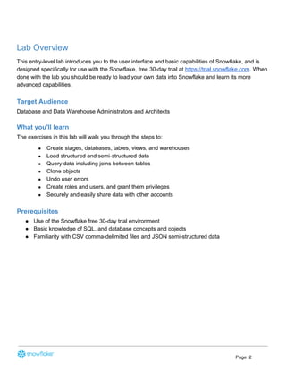 Lab Overview
This entry-level lab introduces you to the user interface and basic capabilities of Snowflake, and is
designed specifically for use with the Snowflake, free 30-day trial at ​https://trial.snowflake.com​. When
done with the lab you should be ready to load your own data into Snowflake and learn its more
advanced capabilities.
Target Audience
Database and Data Warehouse Administrators and Architects
What you'll learn
The exercises in this lab will walk you through the steps to:
● Create stages, databases, tables, views, and warehouses
● Load structured and semi-structured data
● Query data including joins between tables
● Clone objects
● Undo user errors
● Create roles and users, and grant them privileges
● Securely and easily share data with other accounts
Prerequisites
● Use of the Snowflake free 30-day trial environment
● Basic knowledge of SQL, and database concepts and objects
● Familiarity with CSV comma-delimited files and JSON semi-structured data
Page 2
 
