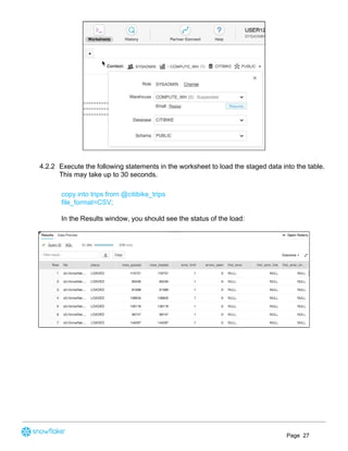 4.2.2 Execute the following statements in the worksheet to load the staged data into the table.
This may take up to 30 seconds.
copy into trips from @citibike_trips
file_format=CSV;
In the Results window, you should see the status of the load:
Page 27
 
