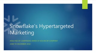 Snowflake’s Hypertargeted
Marketing
ANALYSIS OF CAMPAIGNS AIMED AT SOLVES BY COMPANY
JUNE TO DECEMBER 2018
 