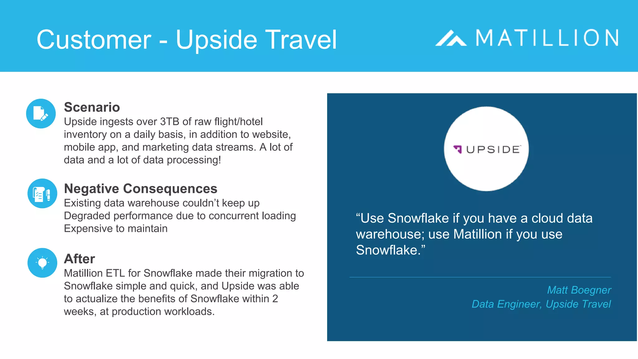 Customer - Upside Travel
Matt Boegner
Data Engineer, Upside Travel
Scenario
Upside ingests over 3TB of raw flight/hotel
inventory on a daily basis, in addition to website,
mobile app, and marketing data streams. A lot of
data and a lot of data processing!
Negative Consequences
Existing data warehouse couldn’t keep up
Degraded performance due to concurrent loading
Expensive to maintain
After
Matillion ETL for Snowflake made their migration to
Snowflake simple and quick, and Upside was able
to actualize the benefits of Snowflake within 2
weeks, at production workloads.
“Use Snowflake if you have a cloud data
warehouse; use Matillion if you use
Snowflake.”
 