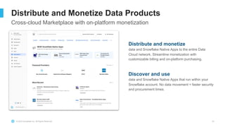 © 2023 Snowflake Inc. All Rights Reserved
Distribute and Monetize Data Products
24
Cross-cloud Marketplace with on-platform monetization
Distribute and monetize
data and Snowflake Native Apps to the entire Data
Cloud network. Streamline monetization with
customizable billing and on-platform purchasing.
Discover and use
data and Snowflake Native Apps that run within your
Snowflake account. No data movement = faster security
and procurement times.
 