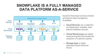 © 2020 Snowflake Inc. All Rights Reserved
SNOWFLAKE IS A FULLY MANAGED
DATA PLATFORM AS-A-SERVICE
20
Dynamic three-layer service oriented
architecture fully managed by
Snowflake
● Cloud Services are a collection
of independent, scalable, fault-
tolerant stateless services
● Virtual Warehouses are elastic
compute engines that handle the
execution of customer queries
● Storage layer is highly
optimized hybrid columnar
format
Cache Cache Cache Cache
Cloud
Services
Authentication & Access Control
Infrastructure
management
Query planning
& optimization
Metadata
management
Security
Virtual
Warehouses
Database
Storage
 