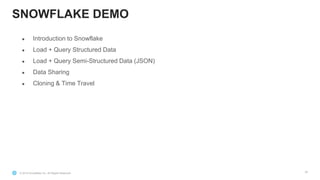 © 2019 Snowflake Inc. All Rights Reserved
SNOWFLAKE DEMO
● Introduction to Snowflake
● Load + Query Structured Data
● Load + Query Semi-Structured Data (JSON)
● Data Sharing
● Cloning & Time Travel
25
 