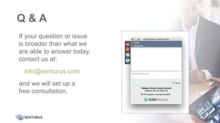 Q & A
•If your question or issue
is broader than what we
are able to answer today,
contact us at:
• info@senturus.com
•and we will set up a
free consultation.
59
 
