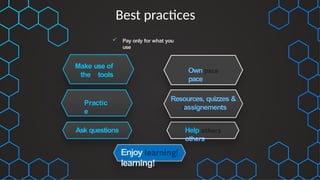 Best practices
Make use of
the tools
Own
pace
Practic
e
Help
others
Resources, quizzes &
assignements
Ask questions
Enjoy
learning!
 Pay only for what you
use
 
