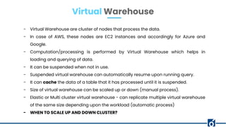- Virtual Warehouse are cluster of nodes that process the data.
- In case of AWS, these nodes are EC2 instances and accordingly for Azure and
Google.
- Computation/processing is performed by Virtual Warehouse which helps in
loading and querying of data.
- It can be suspended when not in use.
- Suspended virtual warehouse can automatically resume upon running query.
- It can cache the data of a table that it has processed until it is suspended.
- Size of virtual warehouse can be scaled up or down (manual process).
- Elastic or Multi cluster virtual warehouse - can replicate multiple virtual warehouse
of the same size depending upon the workload (automatic process)
- WHEN TO SCALE UP AND DOWN CLUSTER?
Virtual Warehouse
 