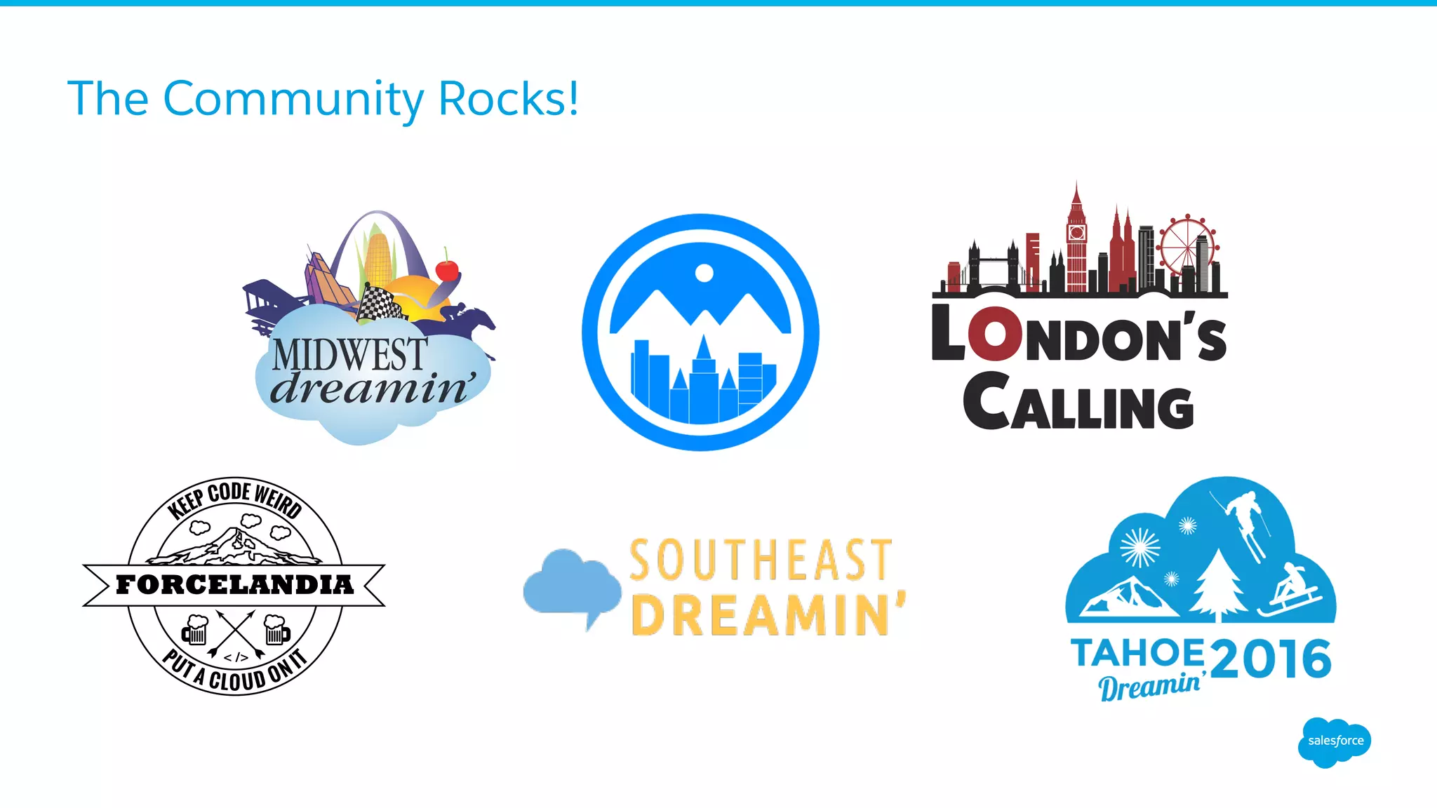 The Community Rocks!
< />
FORCELANDIA
PUT A CLOUD ON IT
KEEP CODE WEIRD
 