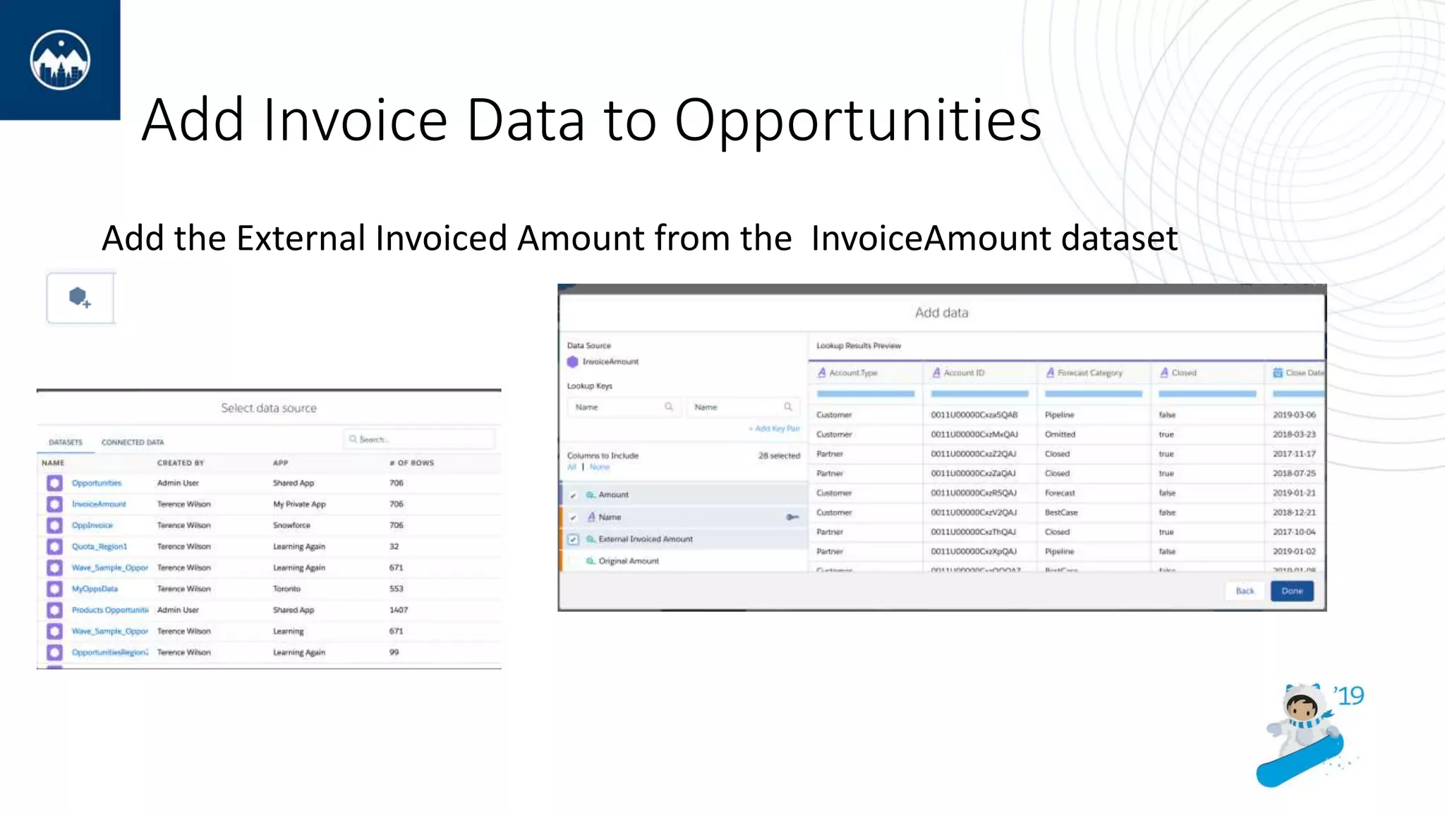 Add Invoice Data to Opportunities
Add the External Invoiced Amount from the InvoiceAmount dataset
 