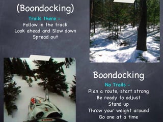 Trees (Boondocking) No Trails -  Plan a route, start strong Be ready to adjust Stand up Throw your weight around Go one at a time Trails there -  Follow in the track Look ahead and Slow down Spread out Boondocking 