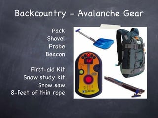 Backcountry - Avalanche Gear Pack Shovel Probe Beacon First-aid Kit Snow study kit Snow saw 8-feet of thin rope 