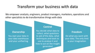 Transform your business with data
We empower analysts, engineers, product managers, marketers, operations and
other specialists to do transformative things with data
Ownership
You own your data in
your data warehouse
and your unified log
Control
You decide what data to
collect, what questions
to ask of the data, what
techniques and tools to
use to analyze it and
how to act on the insight
generated
Freedom
Do what you want with
your data. The only limit
is your imagination
 