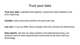 Trust your data
Trust your data: auditable data pipeline. Systematic data validation and
error reporting
Scalable: track and process billions of events per day
Low cost: it runs on AWS. Much cheaper than the commercial alternatives
Data experts: tap into our data analytics and engineering teams, our
partners and our data-sophisticated community to do more with our
technology
 