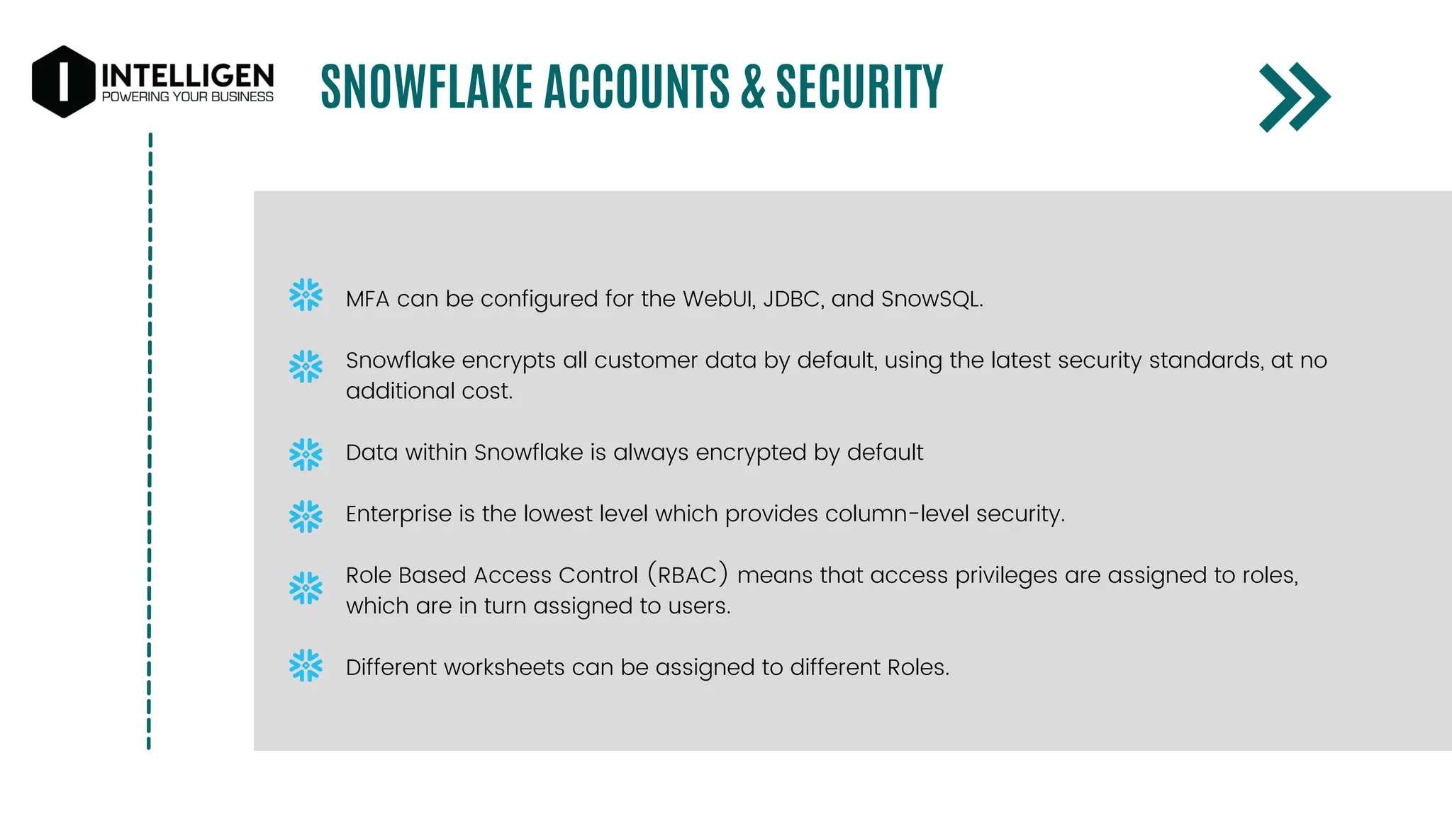 SNOWFLAKE ACCOUNTS & SECURITY
MFA can be configured for the WebUI, JDBC, and SnowSQL.
Snowflake encrypts all customer data by default, using the latest security standards, at no
additional cost.
Data within Snowflake is always encrypted by default
Enterprise is the lowest level which provides column-level security.
Role Based Access Control (RBAC) means that access privileges are assigned to roles,
which are in turn assigned to users.
Different worksheets can be assigned to different Roles.
 
