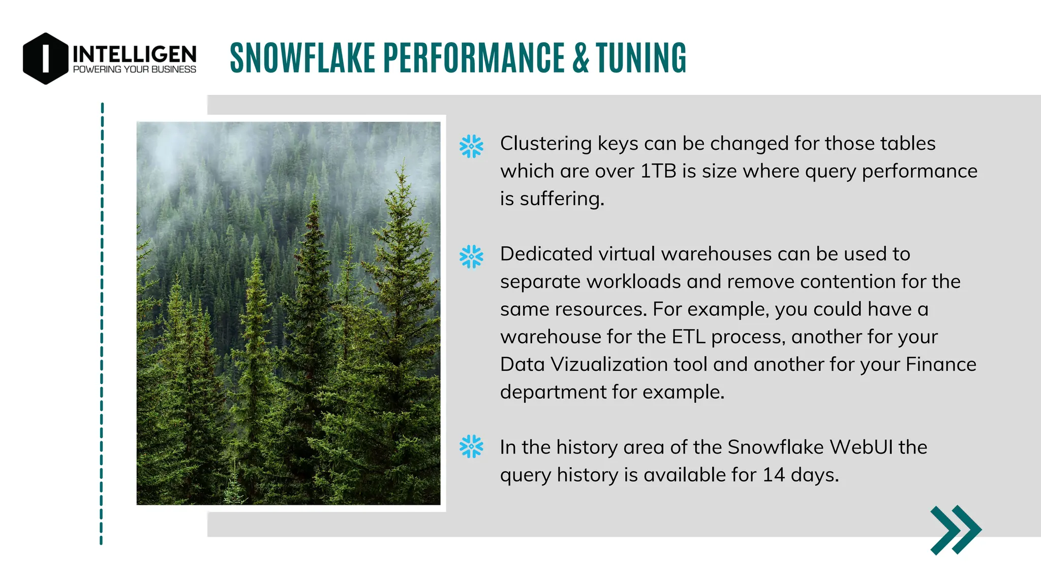 SNOWFLAKE PERFORMANCE & TUNING
Clustering keys can be changed for those tables
which are over 1TB is size where query performance
is suffering.
Dedicated virtual warehouses can be used to
separate workloads and remove contention for the
same resources. For example, you could have a
warehouse for the ETL process, another for your
Data Vizualization tool and another for your Finance
department for example.
In the history area of the Snowflake WebUI the
query history is available for 14 days.
 