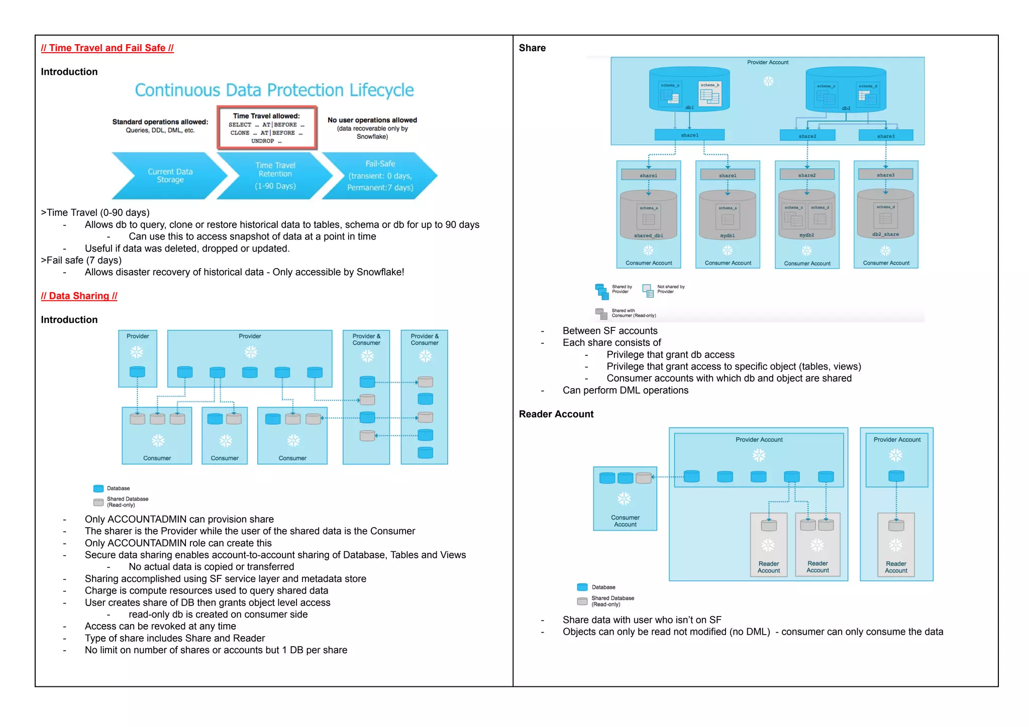 // Time Travel and Fail Safe //
Introduction
>Time Travel (0-90 days)
- Allows db to query, clone or restore historical data to tables, schema or db for up to 90 days
- Can use this to access snapshot of data at a point in time
- Useful if data was deleted, dropped or updated.
>Fail safe (7 days)
- Allows disaster recovery of historical data - Only accessible by Snowflake!
// Data Sharing //
Introduction
- Only ACCOUNTADMIN can provision share
- The sharer is the Provider while the user of the shared data is the Consumer
- Only ACCOUNTADMIN role can create this
- Secure data sharing enables account-to-account sharing of Database, Tables and Views
- No actual data is copied or transferred
- Sharing accomplished using SF service layer and metadata store
- Charge is compute resources used to query shared data
- User creates share of DB then grants object level access
- read-only db is created on consumer side
- Access can be revoked at any time
- Type of share includes Share and Reader
- No limit on number of shares or accounts but 1 DB per share
Share
- Between SF accounts
- Each share consists of
- Privilege that grant db access
- Privilege that grant access to specific object (tables, views)
- Consumer accounts with which db and object are shared
- Can perform DML operations
Reader Account
- Share data with user who isn’t on SF
- Objects can only be read not modified (no DML) - consumer can only consume the data
 