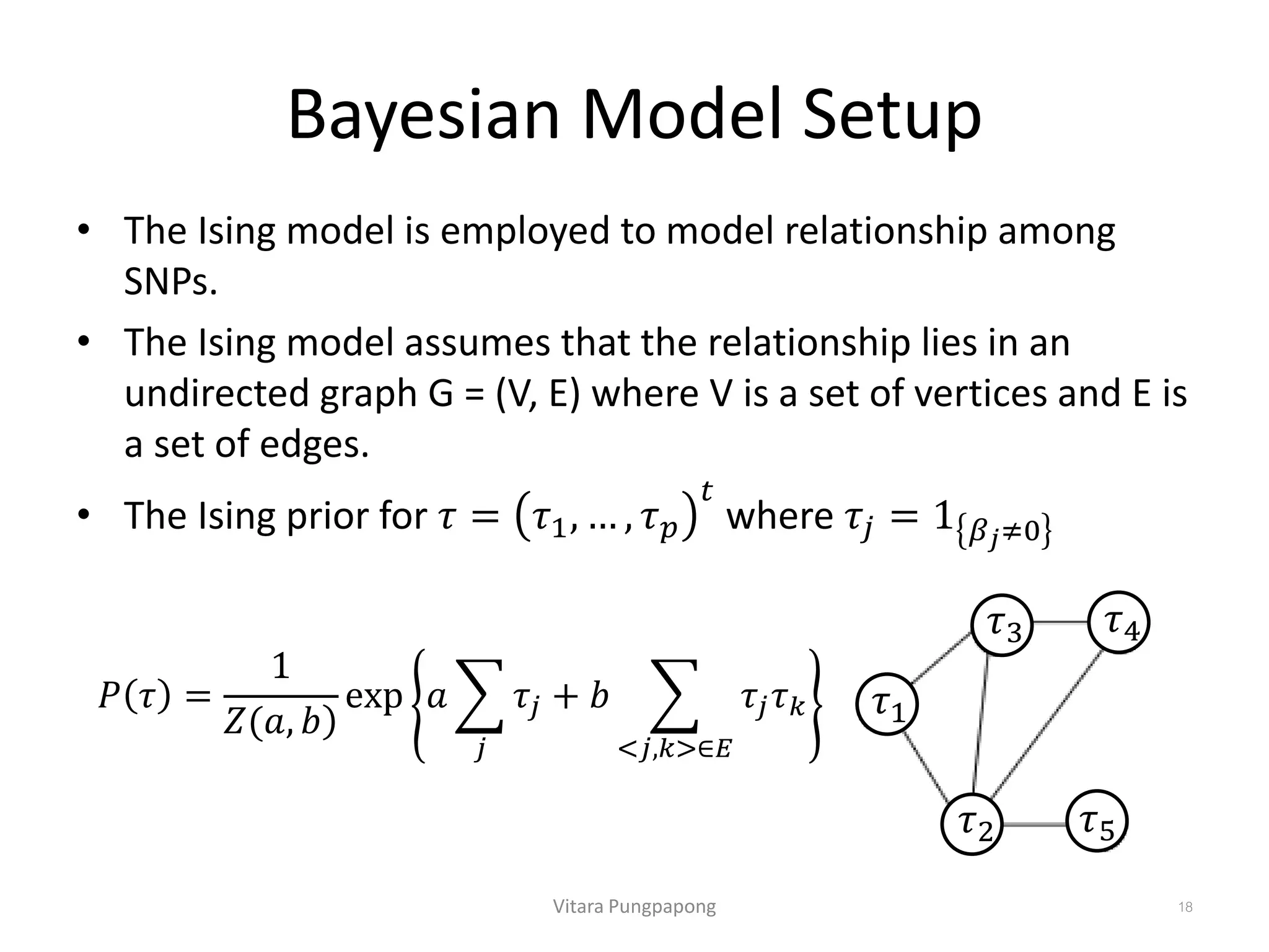 Bayesian Model Setup
• The Ising model is employed to model relationship among
SNPs.
• The Ising model assumes that the relationship lies in an
undirected graph G = (V, E) where V is a set of vertices and E is
a set of edges.
• The Ising prior for 𝜏 = 𝜏1, … , 𝜏 𝑝
𝑡
where 𝜏𝑗 = 1 𝛽 𝑗≠0
Vitara Pungpapong 18
𝑃 𝜏 =
1
𝑍(𝑎, 𝑏
exp 𝑎
𝑗
𝜏𝑗 + 𝑏
<𝑗,𝑘>∈𝐸
𝜏𝑗 𝜏 𝑘 𝜏1
𝜏2
𝜏3 𝜏4
𝜏5
 