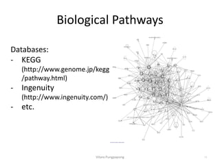 Biological Pathways
Vitara Pungpapong 13
Databases:
- KEGG
(http://www.genome.jp/kegg
/pathway.html)
- Ingenuity
(http://www.ingenuity.com/)
- etc.
 