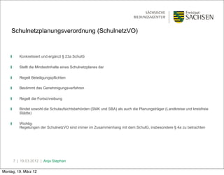 Schulnetzplanungsverordnung (SchulnetzVO)


    ❙      Konkretisiert und ergänzt § 23a SchulG

    ❙      Stellt die Mindestinhalte eines Schulnetzplanes dar

    ❙      Regelt Beteiligungspflichten

    ❙      Bestimmt das Genehmigungsverfahren

    ❙      Regelt die Fortschreibung

    ❙      Bindet sowohl die Schulaufsichtsbehörden (SMK und SBA) als auch die Planungsträger (Landkreise und kreisfreie
           Städte)

    ❙      Wichtig:
           Regelungen der SchulnetzVO sind immer im Zusammenhang mit dem SchulG, insbesondere § 4a zu betrachten




        7 | 19.03.2012 | Anja Stephan

Montag, 19. März 12
 