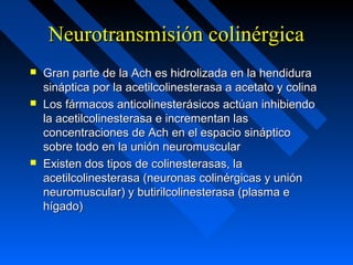 Neurotransmisión colinérgicaNeurotransmisión colinérgica
 Gran parte de la Ach es hidrolizada en la hendiduraGran parte de la Ach es hidrolizada en la hendidura
sináptica por la acetilcolinesterasa a acetato y colinasináptica por la acetilcolinesterasa a acetato y colina
 Los fármacos anticolinesterásicos actúan inhibiendoLos fármacos anticolinesterásicos actúan inhibiendo
la acetilcolinesterasa e incrementan lasla acetilcolinesterasa e incrementan las
concentraciones de Ach en el espacio sinápticoconcentraciones de Ach en el espacio sináptico
sobre todo en la unión neuromuscularsobre todo en la unión neuromuscular
 Existen dos tipos de colinesterasas, laExisten dos tipos de colinesterasas, la
acetilcolinesterasa (neuronas colinérgicas y uniónacetilcolinesterasa (neuronas colinérgicas y unión
neuromuscular) y butirilcolinesterasa (plasma eneuromuscular) y butirilcolinesterasa (plasma e
hígado)hígado)
 
