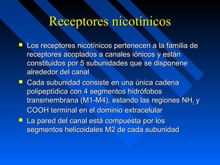 Receptores nicotínicosReceptores nicotínicos
 Los receptores nicotínicos pertenecen a la familia deLos receptores nicotínicos pertenecen a la familia de
receptores acoplados a canales iónicos y estánreceptores acoplados a canales iónicos y están
constituidos por 5 subunidades que se disponeneconstituidos por 5 subunidades que se disponene
alrededor del canalalrededor del canal
 Cada subunidad consiste en una única cadenaCada subunidad consiste en una única cadena
polipeptídica con 4 segmentos hidrófobospolipeptídica con 4 segmentos hidrófobos
transmembrana (M1-M4), estando las regiones NHtransmembrana (M1-M4), estando las regiones NH22 yy
COOH terminal en el dominio extracelularCOOH terminal en el dominio extracelular
 La pared del canal está compuesta por losLa pared del canal está compuesta por los
segmentos helicoidales M2 de cada subunidadsegmentos helicoidales M2 de cada subunidad
 