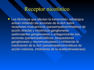 Receptor nicotínicoReceptor nicotínico
 Los fármacos que afectan la transmisión colinérgicaLos fármacos que afectan la transmisión colinérgica
actúan imitando las acciones de la Ach sobreactúan imitando las acciones de la Ach sobre
receptores muscarínicos (parasimpaticomiméticos dereceptores muscarínicos (parasimpaticomiméticos de
acción directa) y nicotínicos ganglionaresacción directa) y nicotínicos ganglionares
(estimulantes ganglionares) o antagonizando sus(estimulantes ganglionares) o antagonizando sus
acciones (parasimpaticolíticos, bloqueadoresacciones (parasimpaticolíticos, bloqueadores
ganglionares y neuromusculares) o inhibiendo laganglionares y neuromusculares) o inhibiendo la
inactivación de la Ach (parasimpaticomiméticos deinactivación de la Ach (parasimpaticomiméticos de
acción indirecta, inhibidores de la acetilcolinesterasa)acción indirecta, inhibidores de la acetilcolinesterasa)
 