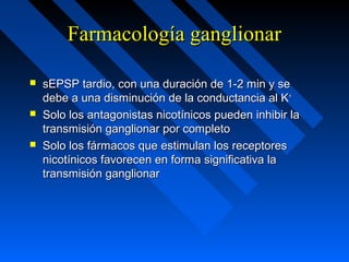 Farmacología ganglionarFarmacología ganglionar
 sEPSP tardio, con una duración de 1-2 min y sesEPSP tardio, con una duración de 1-2 min y se
debe a una disminución de la conductancia al Kdebe a una disminución de la conductancia al K++
 Solo los antagonistas nicotínicos pueden inhibir laSolo los antagonistas nicotínicos pueden inhibir la
transmisión ganglionar por completotransmisión ganglionar por completo
 Solo los fármacos que estimulan los receptoresSolo los fármacos que estimulan los receptores
nicotínicos favorecen en forma significativa lanicotínicos favorecen en forma significativa la
transmisión ganglionartransmisión ganglionar
 