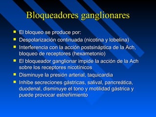 Bloqueadores ganglionaresBloqueadores ganglionares
 El bloqueo se produce por:El bloqueo se produce por:
 Despolarización continuada (nicotina y lobelina)Despolarización continuada (nicotina y lobelina)
 Interferencia con la acción postsináptica de la Ach,Interferencia con la acción postsináptica de la Ach,
bloqueo de receptores (hexametonio)bloqueo de receptores (hexametonio)
 El bloqueador ganglionar impide la acción de la AchEl bloqueador ganglionar impide la acción de la Ach
sobre los receptores nicotínicossobre los receptores nicotínicos
 Disminuye la presión arterial, taquicardiaDisminuye la presión arterial, taquicardia
 Inhibe secreciones gástricas, salival, pancreática,Inhibe secreciones gástricas, salival, pancreática,
duodenal, disminuye el tono y motilidad gástrica yduodenal, disminuye el tono y motilidad gástrica y
puede provocar estreñimientopuede provocar estreñimiento
 
