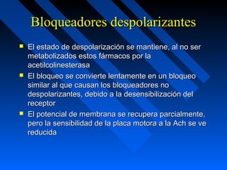 Bloqueadores despolarizantesBloqueadores despolarizantes
 El estado de despolarización se mantiene, al no serEl estado de despolarización se mantiene, al no ser
metabolizados estos fármacos por lametabolizados estos fármacos por la
acetilcolinesterasaacetilcolinesterasa
 El bloqueo se convierte lentamente en un bloqueoEl bloqueo se convierte lentamente en un bloqueo
similar al que causan los bloqueadores nosimilar al que causan los bloqueadores no
despolarizantes, debido a la desensibilización deldespolarizantes, debido a la desensibilización del
receptorreceptor
 El potencial de membrana se recupera parcialmente,El potencial de membrana se recupera parcialmente,
pero la sensibilidad de la placa motora a la Ach se vepero la sensibilidad de la placa motora a la Ach se ve
reducidareducida
 