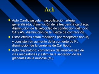 AchAch
 Apto Cardiovascular: vasodilatación arterialApto Cardiovascular: vasodilatación arterial
generalizada, disminución de la frecuencia cardiaca,generalizada, disminución de la frecuencia cardiaca,
disminución de la velocidad de conducción del nododisminución de la velocidad de conducción del nodo
SA y AV, disminución de la fuerza de contracciónSA y AV, disminución de la fuerza de contracción
 Estos efectos están mediados por receptores tipo MEstos efectos están mediados por receptores tipo M22
y consisten en aumento de la corriente de Ky consisten en aumento de la corriente de K++
,,
disminución de la corriente de Cadisminución de la corriente de Ca2+2+
tipo Ltipo L
 Apto respiratorio: contracción del músculo liso deApto respiratorio: contracción del músculo liso de
vías respiratorias y estimula la secreción de lasvías respiratorias y estimula la secreción de las
glándulas de la mucosa (Mglándulas de la mucosa (M33))
 