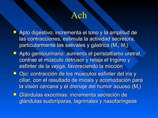 AchAch
 Apto digestivo: incrementa el tono y la amplitud deApto digestivo: incrementa el tono y la amplitud de
las contracciones, estimula la actividad secretora,las contracciones, estimula la actividad secretora,
particularmente las salivales y gástrica (Mparticularmente las salivales y gástrica (M11, M, M33))
 Apto genitourinario: aumenta el peristaltismo uretral,Apto genitourinario: aumenta el peristaltismo uretral,
contrae el músculo detrusor y relaja el trígono ycontrae el músculo detrusor y relaja el trígono y
esfínter de la vejiga, favoreciendo la micciónesfínter de la vejiga, favoreciendo la micción
 Ojo: contracción de los músculos esfínter del iris yOjo: contracción de los músculos esfínter del iris y
ciliar, con el resultado de miosis y acomodación paraciliar, con el resultado de miosis y acomodación para
la visión cercana y el drenaje del humor acuoso (Mla visión cercana y el drenaje del humor acuoso (M22))
 Glándulas exocrinas: incrementa secreción deGlándulas exocrinas: incrementa secreción de
glándulas sudoríparas, lagrimales y nasofaríngeasglándulas sudoríparas, lagrimales y nasofaríngeas
 