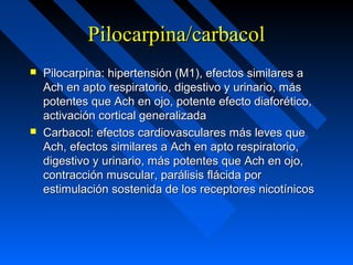 Pilocarpina/carbacolPilocarpina/carbacol
 Pilocarpina: hipertensión (M1), efectos similares aPilocarpina: hipertensión (M1), efectos similares a
Ach en apto respiratorio, digestivo y urinario, másAch en apto respiratorio, digestivo y urinario, más
potentes que Ach en ojo, potente efecto diaforético,potentes que Ach en ojo, potente efecto diaforético,
activación cortical generalizadaactivación cortical generalizada
 Carbacol: efectos cardiovasculares más leves queCarbacol: efectos cardiovasculares más leves que
Ach, efectos similares a Ach en apto respiratorio,Ach, efectos similares a Ach en apto respiratorio,
digestivo y urinario, más potentes que Ach en ojo,digestivo y urinario, más potentes que Ach en ojo,
contracción muscular, parálisis flácida porcontracción muscular, parálisis flácida por
estimulación sostenida de los receptores nicotínicosestimulación sostenida de los receptores nicotínicos
 