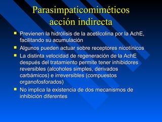 ParasimpaticomiméticosParasimpaticomiméticos
acción indirectaacción indirecta
 Previenen la hidrólisis de la acetilcolina por la AchE,Previenen la hidrólisis de la acetilcolina por la AchE,
facilitando su acumulaciónfacilitando su acumulación
 Algunos pueden actuar sobre receptores nicotínicosAlgunos pueden actuar sobre receptores nicotínicos
 La distinta velocidad de regeneración de la AchELa distinta velocidad de regeneración de la AchE
después del tratamiento permite tener inhibidoresdespués del tratamiento permite tener inhibidores
reversibles (alcoholes simples, derivadosreversibles (alcoholes simples, derivados
carbámicos) e irreversibles (compuestoscarbámicos) e irreversibles (compuestos
organofosforados)organofosforados)
 No implica la existencia de dos mecanismos deNo implica la existencia de dos mecanismos de
inhibición diferentesinhibición diferentes
 
