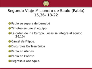 Segundo Viaje Misionero de Saulo (Pablo)
15,36- 18-22
Pablo se separa de bernabé
Timoteo se une al equipo.
La orden de ir a Europa. Lucas se integra al equipo
(16,10)
Cárcel de Filipos.
Disturbios En Tesalónica
Pablo en Atenas.
Pablo en Corinto.
Regreso a Antioquia.
 
