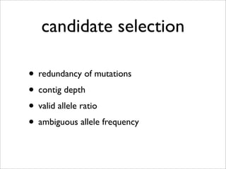 candidate selection

• redundancy of mutations
• contig depth
• valid allele ratio
• ambiguous allele frequency
 