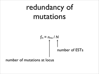 redundancy of
             mutations

                    fm = nmu / N


                               number of ESTs

number of mutations at locus
 