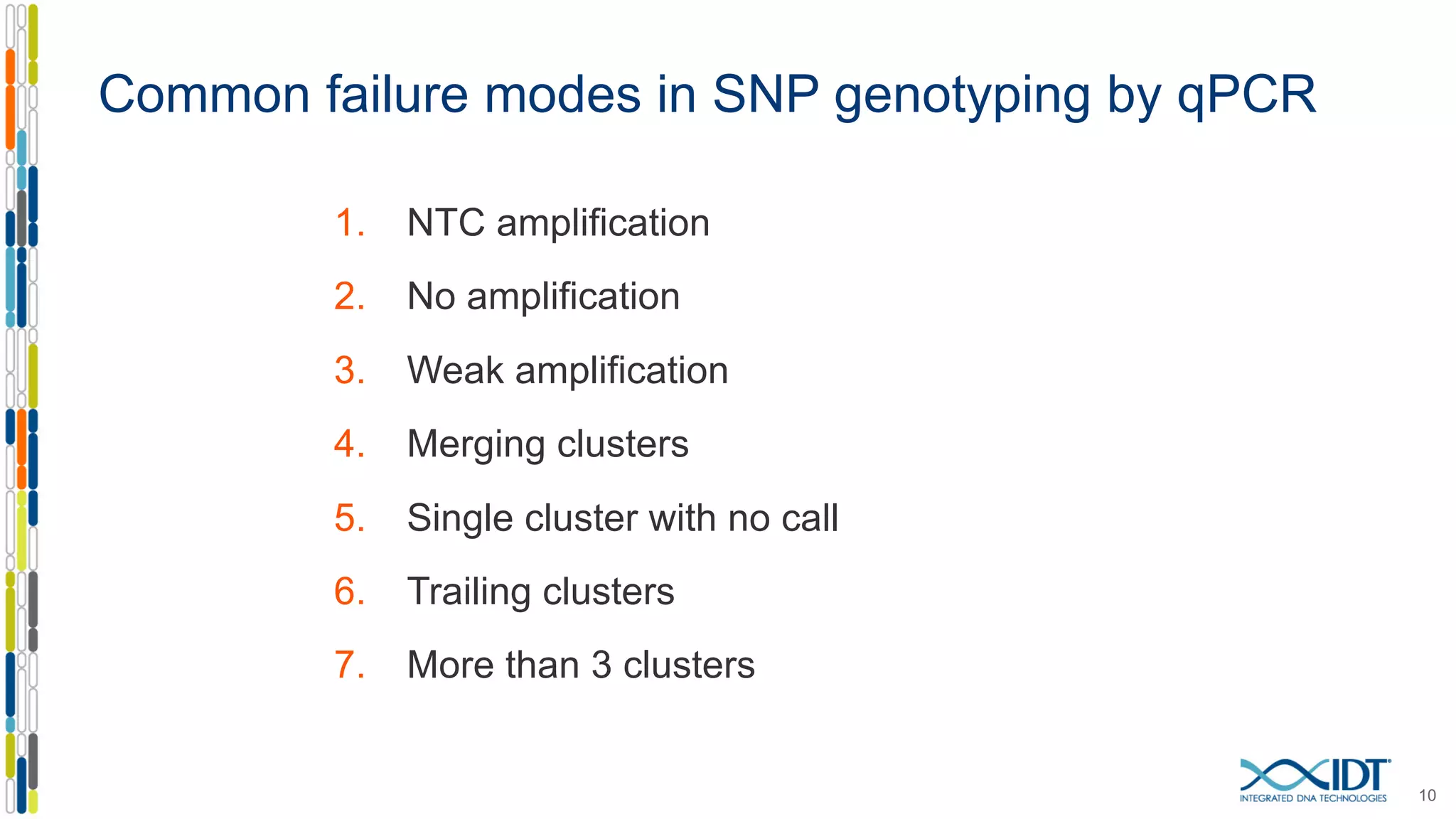 Common failure modes in SNP genotyping by qPCR
1. NTC amplification
2. No amplification
3. Weak amplification
4. Merging clusters
5. Single cluster with no call
6. Trailing clusters
7. More than 3 clusters
10
 