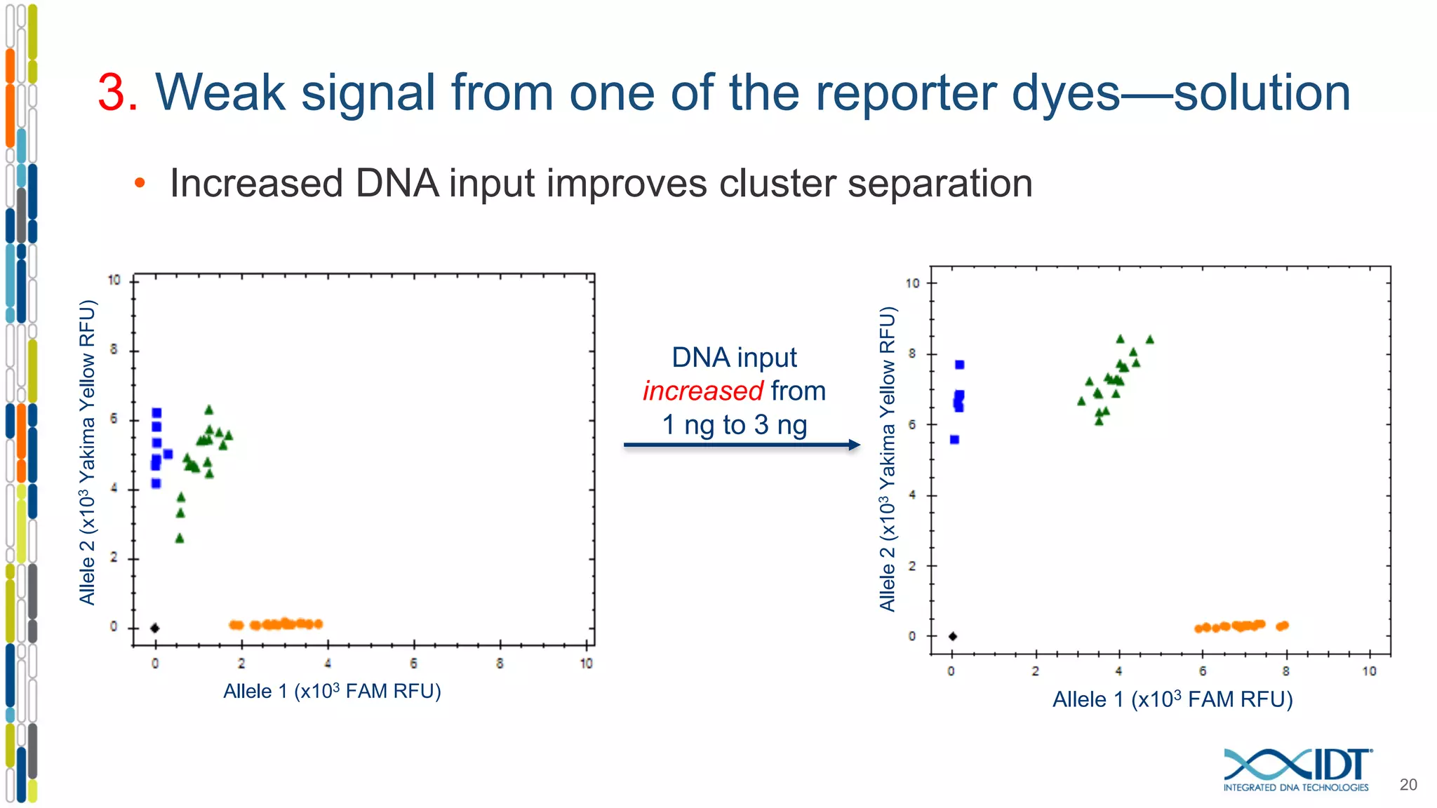 3. Weak signal from one of the reporter dyes—solution
DNA input
increased from
1 ng to 3 ng
• Increased DNA input improves cluster separation
Allele2(x103YakimaYellowRFU)
Allele2(x103YakimaYellowRFU)
Allele 1 (x103 FAM RFU) Allele 1 (x103 FAM RFU)
20
 