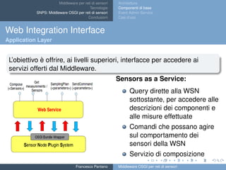 Middleware per reti di sensori
Tecnologie
SNPS: Middleware OSGI per reti di sensori
Conclusioni
Architettura
Componenti di...