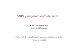 SNPs y mejoramiento de arroz

                     Constanza Quintero
                       c.quintero@cgiar.org



I Taller GRiSP de mejoradores de Arroz de América Latina y el Caribe
                       Febrero 20-24, 2012
 