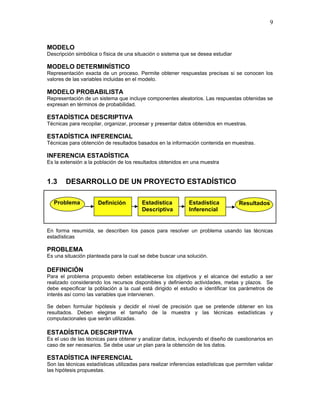 9
MODELO
Descripción simbólica o física de una situación o sistema que se desea estudiar
MODELO DETERMINÍSTICO
Representación exacta de un proceso. Permite obtener respuestas precisas si se conocen los
valores de las variables incluidas en el modelo.
MODELO PROBABILISTA
Representación de un sistema que incluye componentes aleatorios. Las respuestas obtenidas se
expresan en términos de probabilidad.
ESTADÍSTICA DESCRIPTIVA
Técnicas para recopilar, organizar, procesar y presentar datos obtenidos en muestras.
ESTADÍSTICA INFERENCIAL
Técnicas para obtención de resultados basados en la información contenida en muestras.
INFERENCIA ESTADÍSTICA
Es la extensión a la población de los resultados obtenidos en una muestra
1.3 DESARROLLO DE UN PROYECTO ESTADÍSTICO
En forma resumida, se describen los pasos para resolver un problema usando las técnicas
estadísticas
PROBLEMA
Es una situación planteada para la cual se debe buscar una solución.
DEFINICIÓN
Para el problema propuesto deben establecerse los objetivos y el alcance del estudio a ser
realizado considerando los recursos disponibles y definiendo actividades, metas y plazos. Se
debe especificar la población a la cual está dirigido el estudio e identificar los parámetros de
interés así como las variables que intervienen.
Se deben formular hipótesis y decidir el nivel de precisión que se pretende obtener en los
resultados. Deben elegirse el tamaño de la muestra y las técnicas estadísticas y
computacionales que serán utilizadas.
ESTADÍSTICA DESCRIPTIVA
Es el uso de las técnicas para obtener y analizar datos, incluyendo el diseño de cuestionarios en
caso de ser necesarios. Se debe usar un plan para la obtención de los datos.
ESTADÍSTICA INFERENCIAL
Son las técnicas estadísticas utilizadas para realizar inferencias estadísticas que permiten validar
las hipótesis propuestas.
Definición Estadística
Descriptiva
Estadística
Inferencial
Problema Resultados
 