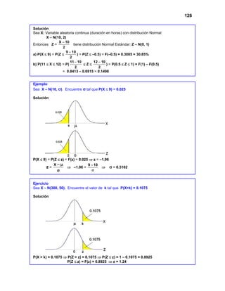 128
Solución
Sea X: Variable aleatoria continua (duración en horas) con distribución Normal:
X ∼ N(10, 2)
Entonces Z =
X 10
2
−
tiene distribución Normal Estándar: Z ∼ N(0, 1)
a) P(X ≤ 9) = P(Z ≤
9 10
2
−
) = P(Z ≤ –0.5) = F(–0.5) = 0.3085 = 30.85%
b) P(11 ≤ X ≤ 12) = P(
11 10
2
−
≤ Z ≤
12 10
2
−
) = P(0.5 ≤ Z ≤ 1) = F(1) – F(0.5)
= 0.8413 – 0.6915 = 0.1498
Ejemplo
Sea X ∼ N(10, σ). Encuentre σ tal que P(X ≤ 9) = 0.025
Solución
P(X ≤ 9) = P(Z ≤ z) = F(z) = 0.025 ⇒ z = –1.96
z =
σ
µ
−
x
⇒ –1.96 =
9 10
−
σ
⇒ σ = 0.5102
Ejercicio
Sea X ∼ N(300, 50). Encuentre el valor de k tal que P(X>k) = 0.1075
Solución
P(X > k) = 0.1075 ⇒ P(Z > z) = 0.1075 ⇒ P(Z ≤ z) = 1 – 0.1075 = 0.8925
P(Z ≤ z) = F(z) = 0.8925 ⇒ z = 1.24
 