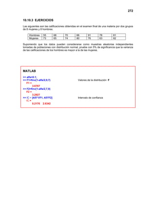 272
10.10.3 EJERCICIOS
Las siguientes son las calificaciones obtenidas en el examen final de una materia por dos grupos
de 8 mujeres y 8 hombres:
Hombres 55 68 70 66 91 78 81
Mujeres 73 65 74 80 76 63 82
Suponiendo que los datos pueden considerarse como muestras aleatorias independientes
tomadas de poblaciones con distribución normal, pruebe con 5% de significancia que la varianza
de las calificaciones de los hombres es mayor a la de las mujeres.
MATLAB
>> alfa=0.1;
>> F1=finv(1-alfa/2,9,7) Valores de la distribución F
F1 =
3.6767
>> F2=finv(1-alfa/2,7,9)
F2 =
3.2927
>> IC = [4/5*1/F1, 4/5*F2] Intervalo de confianza
IC =
0.2176 2.6342
 