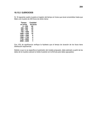 284
10.13.2 EJERCICIOS
1) El siguiente cuadro muestra el registro del tiempo en horas que duran encendidos hasta que
fallan una muestra de 200 focos de cierta marca
Tiempo Cantidad
en horas de focos
0 – 250 82
250 – 500 45
500 – 750 34
750 – 1000 15
1000 – 1250 10
1250 – 1500 6
1500 – 1750 4
1750 – 2000 3
2000 – 2250 1
Con 10% de significancia verifique la hipótesis que el tiempo de duración de los focos tiene
distribución exponencial.
Debido a que no se especifica el parámetro del modelo propuesto, debe estimarlo a partir de los
datos de la muestra (calcule la media muestral con la fórmula para datos agrupados)
 