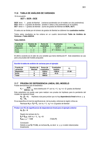 301
11.6 TABLA DE ANÁLISIS DE VARIANZA
En la ecuación
SCT SCR SCE
= +
SCR tiene 1 grado de libertad (varianza ponderada con el modelo con dos parámetros)
SCE tiene n – 2 grados de libertad (existen n datos y dos parámetros en el modelo)
SCT tiene n – 1 grados de libertad (suma de grados de libertad de SCR y SCT)
Si cada uno se divide por el número de grados de libertad se obtienen los cuadrados medios
Todos estos resultados se los ordena en un cuadro denominado Tabla de Análisis de
Varianza o Tabla ANOVA
Tabla ANOVA
Fuente de
variación
Grados de
libertad
Suma de
cuadrados
Cuadrados
medios
F0
Regresión 1 SCR SCR/1 (SCR/1)/(SCE/(n-2))
Error n – 2 SCE S2
= SCE/(n – 2)
Total n – 1 SCT
El último cociente es el valor de una variable que tiene distribución F. Este estadístico se usa
para una prueba del modelo propuesto
Escribir la tabla de análisis de varianza para el ejemplo
Fuente de
variación
Grados de
libertad
Suma de
cuadrados
Cuadrados
medios
F0
Regresión 1 1550.4 1550.4 37.00
Error 8 335.2 41.9
Total 9 1885.6
11.7 PRUEBA DE DEPENDENCIA LINEAL DEL MODELO
Puede demostrarse que el estadístico
F0 =
SCR
SCE/(n 2)
−
tiene distribución F con ν1 = 1, ν2 = n – 2 grados de libertad
Este estadístico se puede usar para realizar una prueba de hipótesis para la pendiente del
modelo de regresión lineal
H0: β1 = 0, Hipótesis nula para probar que no hay dependencia lineal entre x y y
Ha:  H0
Si se especifica el nivel de significancia α de la prueba, entonces la región crítica es
Rechazar H0 si f0 > fα con ν1 = 1, ν2 = n – 2 grados de libertad
Probar con 5% de significancia de dependencia lineal para el ejemplo anterior
H0: β1 = 0
Región de rechazo de H0:
f0 > f0.05 con ν1 = 1, ν2 = 8
f0.05, 1, 8 = 5.32 (Tabla F)
Conclusión
Debido a que f0 > 5.32, se rechaza H0, es decir x y y si están relacionadas
linealmente
 